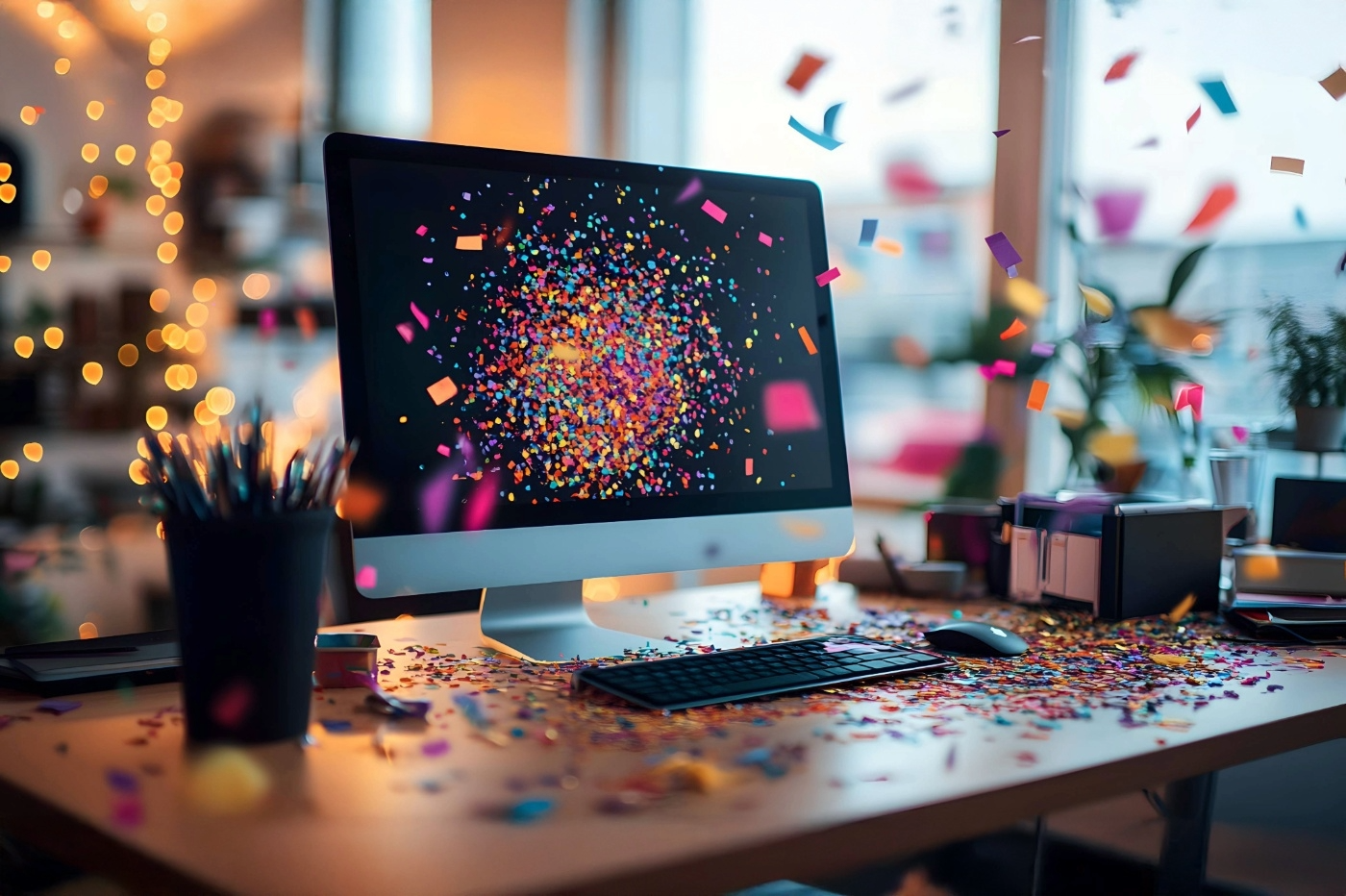 Confetti coming out of a computer monitor showing celebration