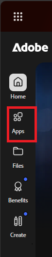 Adobe Apps section on menu