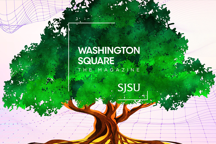 Washington Square: The Magazine over a gradient background featuring Illustrations of a tree.