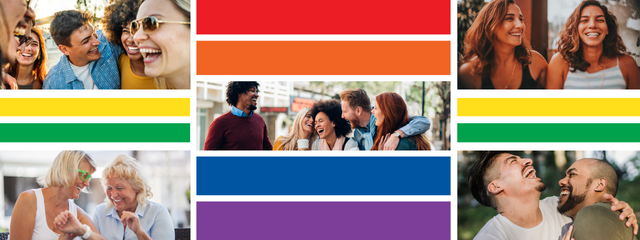 SJSU Pride EAG Web Banner five pictures of groups of people having fun with interspursed bars with colors of the rainbow