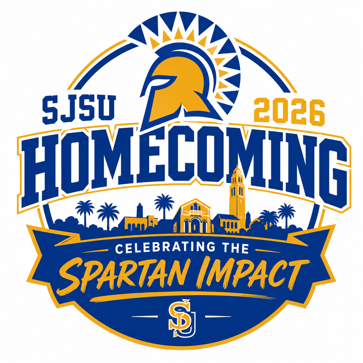 San José State University Spartan City Lights Homecoming 2025 graphic with gold silhouettes of students celebrating around a city skyline on a dark blue background.