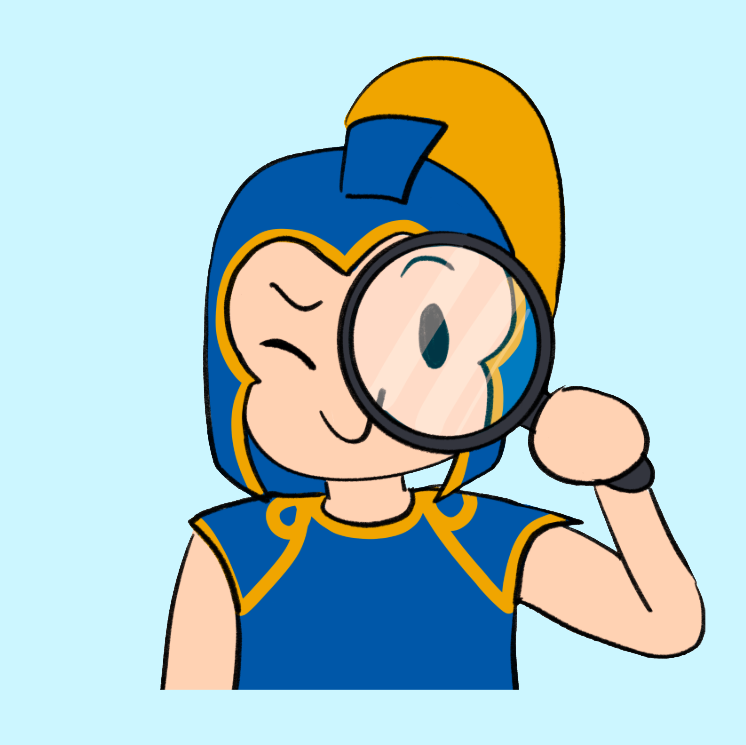 Illustration of Sammy Spartan with a magnifying glass up to his eye.